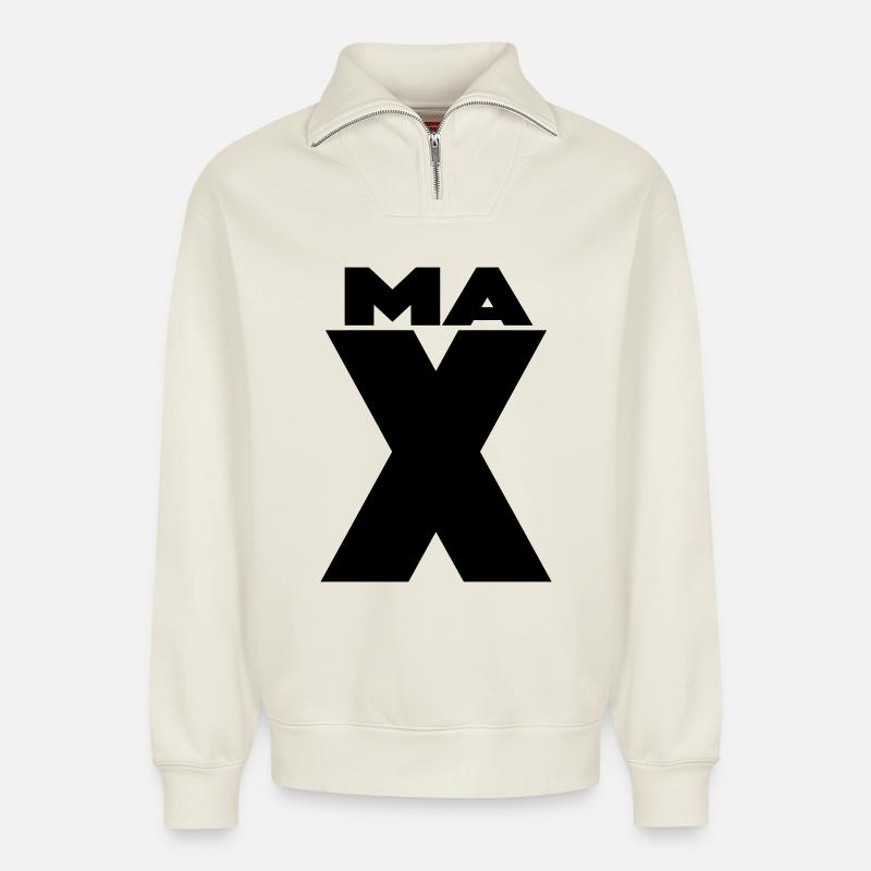 Max X – Minimal Name Design - Relaxed Unisex Organic Half Zip Sweatshirt – von SPREAD - Naturweiß