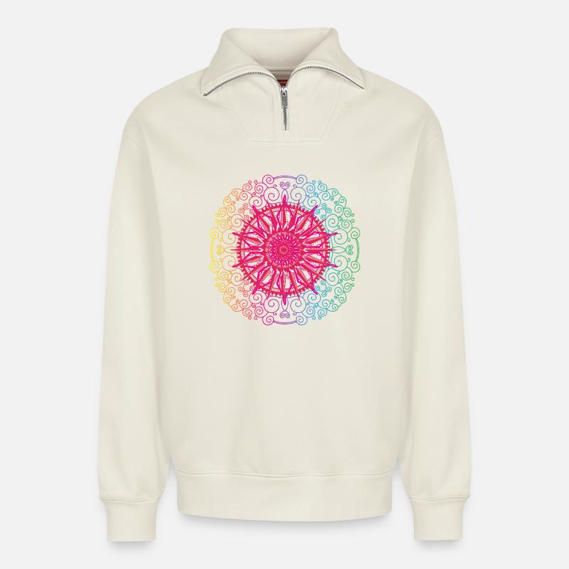 Regenbogen Mandala Gradient Kreis - Relaxed Unisex Organic Half Zip Sweatshirt – von SPREAD - Naturweiß