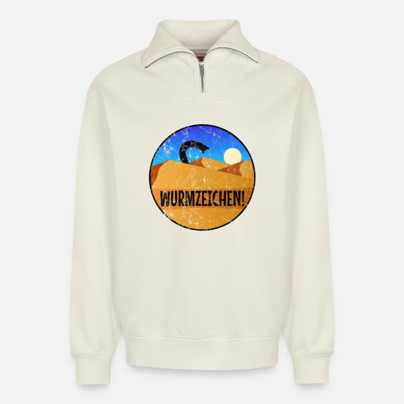 Wurmzeichen washed - Relaxed Unisex Organic Half Zip Sweatshirt – von SPREAD - Naturweiß