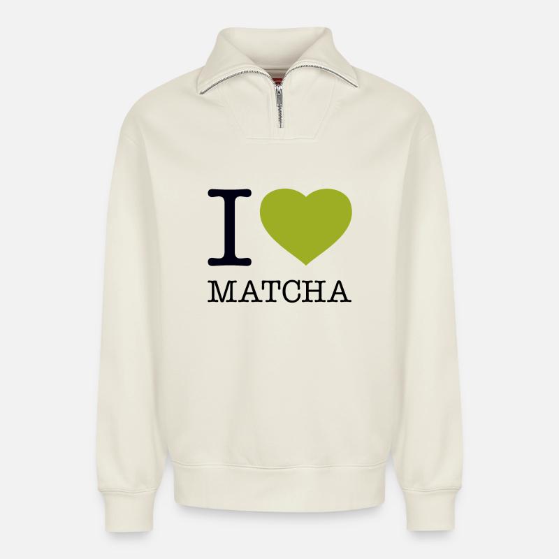 I LOVE MATCHA - Relaxed Unisex Organic Half Zip Sweatshirt – von SPREAD - Naturweiß