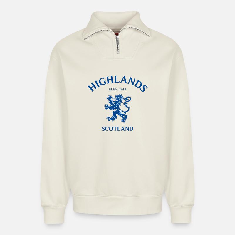 HIGHLANDS Schottland Écosse - Sweat unisexe décontracté en coton biologique à demi-zip – de SPREAD - blanc cassé