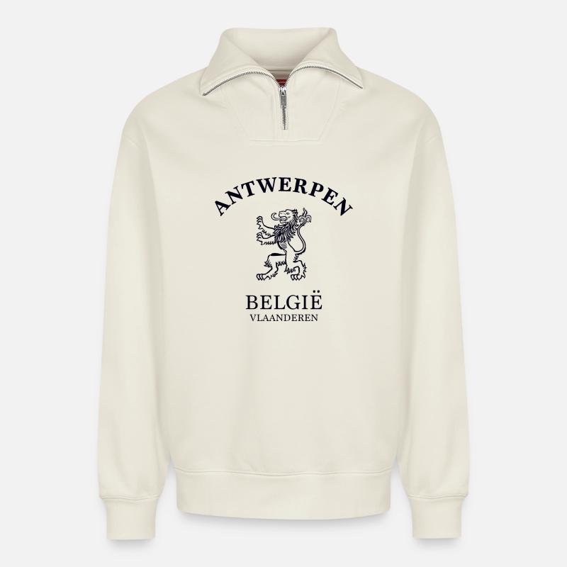 ANTWERP Belgium Belgium - Relaxed Unisex Organic Half Zip Sweatshirt – by SPREAD - off white