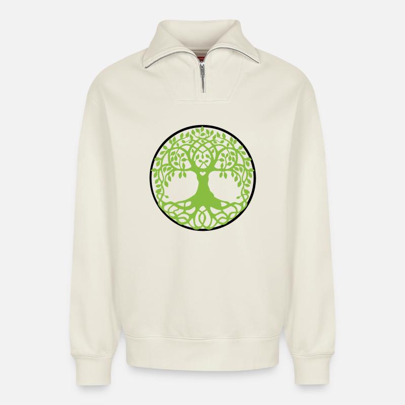 Mandala Baum des Lebens - Relaxed Unisex Organic Half Zip Sweatshirt – von SPREAD - Naturweiß