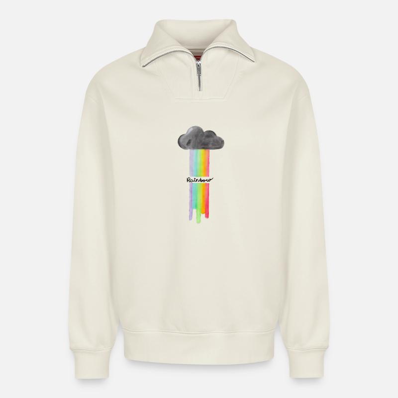 Regenbogen Wolke Tropfen - Relaxed Unisex Organic Half Zip Sweatshirt – von SPREAD - Naturweiß