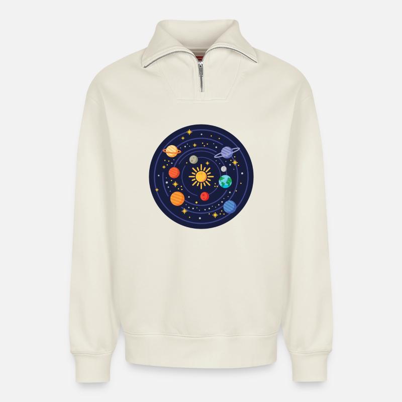 Solar system - Relaxed Unisex Organic Half Zip Sweatshirt – by SPREAD - off white
