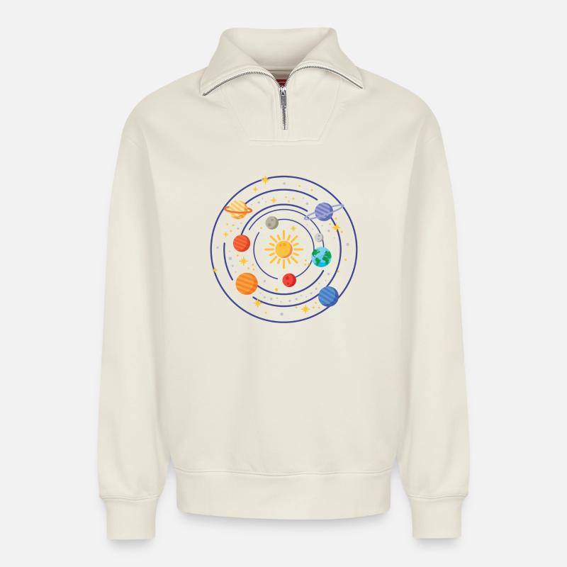 Solar system - Relaxed Unisex Organic Half Zip Sweatshirt – by SPREAD - off white