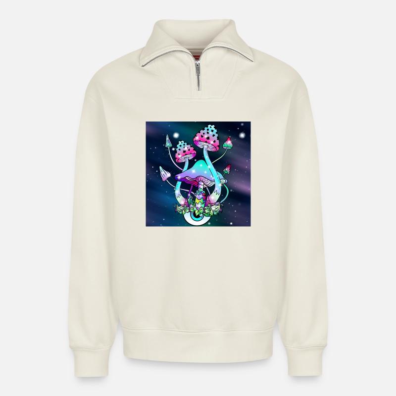 Champignons magiques Art spatial - Sweat unisexe décontracté en coton biologique à demi-zip – de SPREAD - blanc cassé