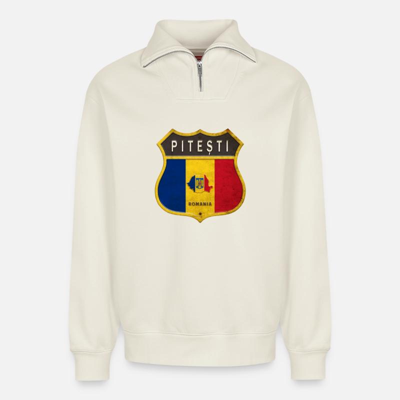 Pitești Rumänien Wappen Design - Relaxed Unisex Organic Half Zip Sweatshirt – von SPREAD - Naturweiß