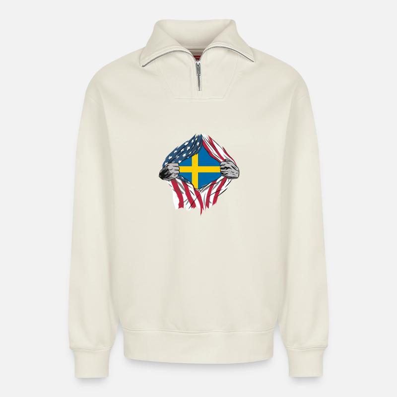 Drapeaux d'amitié USA Suède - Sweat unisexe décontracté en coton biologique à demi-zip – de SPREAD - blanc cassé