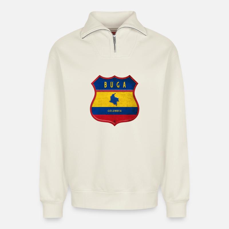 Buga Kolumbien Wappen Design - Relaxed Unisex Organic Half Zip Sweatshirt – von SPREAD - Naturweiß
