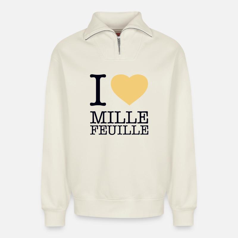 I LOVE MILLE-FEUILLE - Relaxed Unisex Organic Half Zip Sweatshirt – von SPREAD - Naturweiß