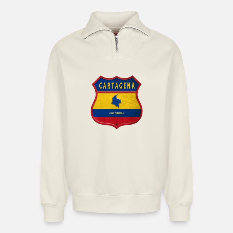 Écusson Carthagène Colombie - Sweat unisexe décontracté en coton biologique à demi-zip – de SPREAD - blanc cassé