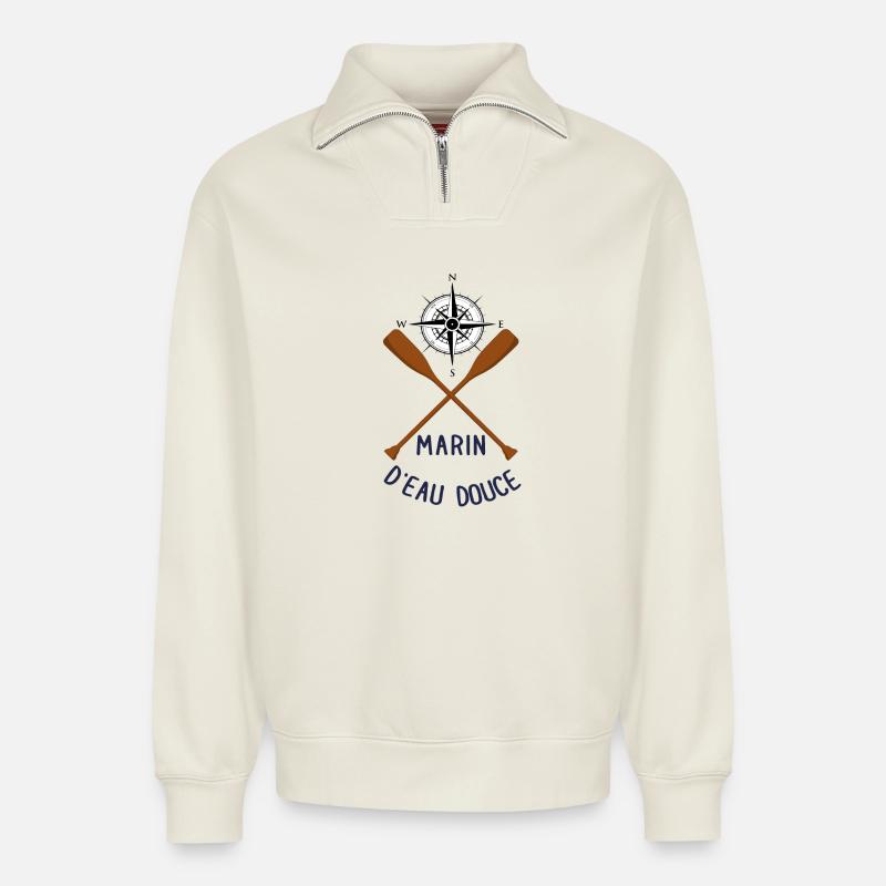Marin d'eau douce - Sweat unisexe décontracté en coton biologique à demi-zip – de SPREAD - blanc cassé