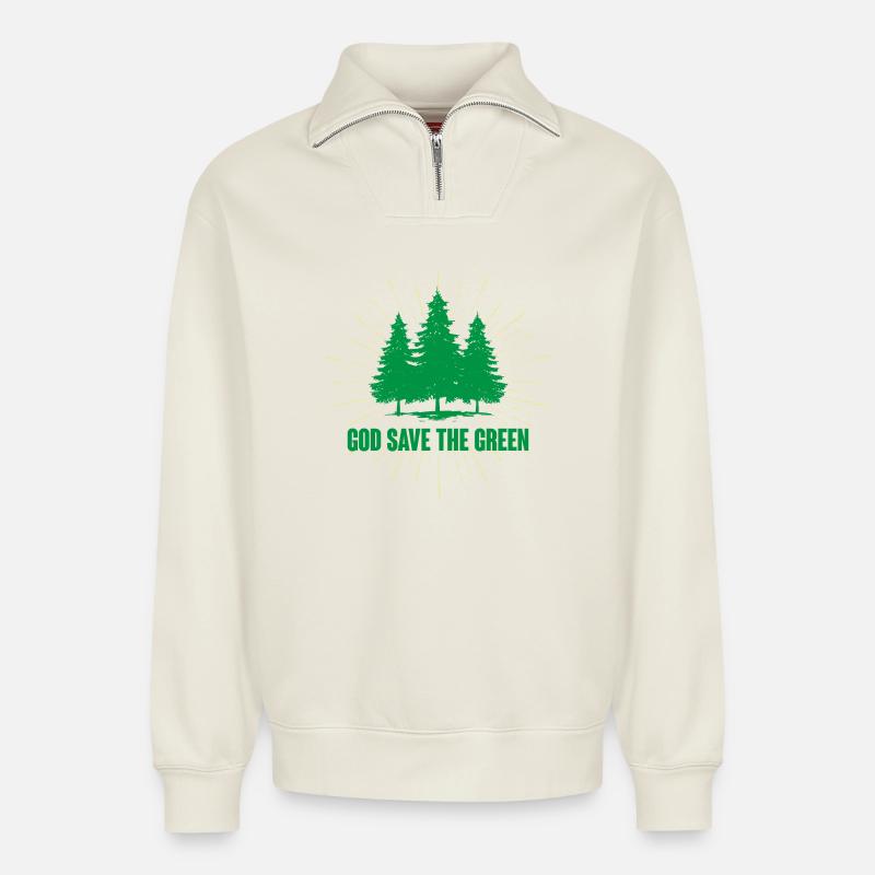Dieu sauve le vert - Sweat unisexe décontracté en coton biologique à demi-zip – de SPREAD - blanc cassé