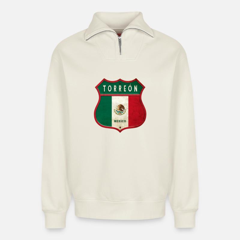 Torreón Mexiko Wappen Design - Relaxed Unisex Organic Half Zip Sweatshirt – von SPREAD - Naturweiß