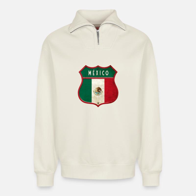 Mexiko Flagge Wappen Design - Relaxed Unisex Organic Half Zip Sweatshirt – von SPREAD - Naturweiß
