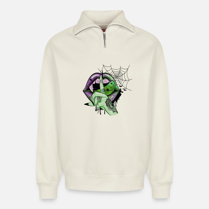 Green Vampire lips - Relaxed Unisex Organic Half Zip Sweatshirt – von SPREAD - Naturweiß