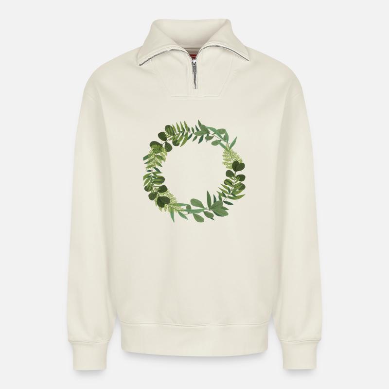 Couronne verte de feuilles - Sweat unisexe décontracté en coton biologique à demi-zip – de SPREAD - blanc cassé