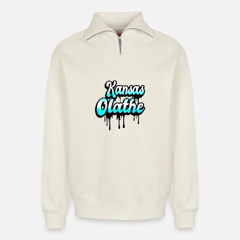 Olathe Kansas Design - Relaxed Unisex Organic Half Zip Sweatshirt – von SPREAD - Naturweiß