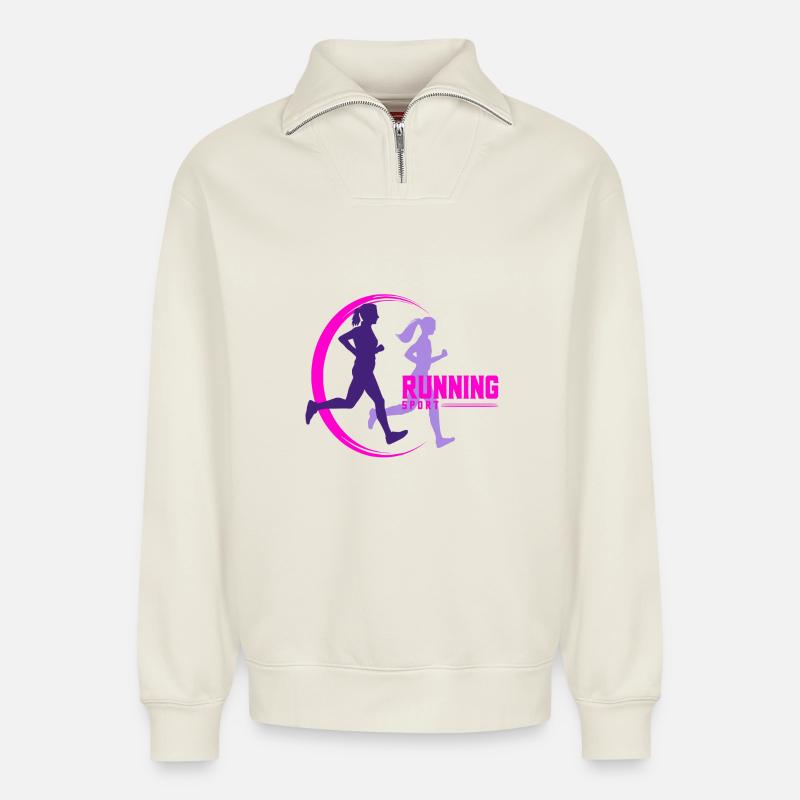 running - Sweat unisexe décontracté en coton biologique à demi-zip – de SPREAD - blanc cassé