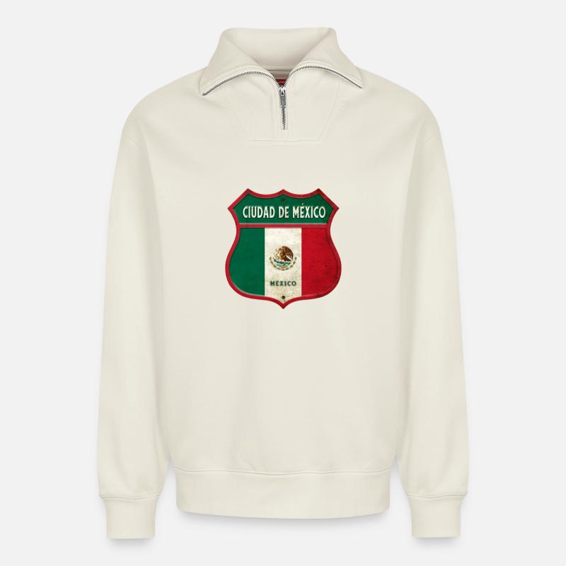Mexiko Stadt Wappen Design - Relaxed Unisex Organic Half Zip Sweatshirt – von SPREAD - Naturweiß