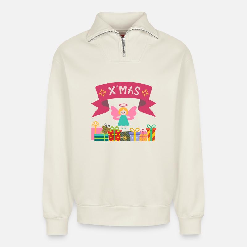 XMAS Engel mit Geschenken - Relaxed Unisex Organic Half Zip Sweatshirt – von SPREAD - Naturweiß