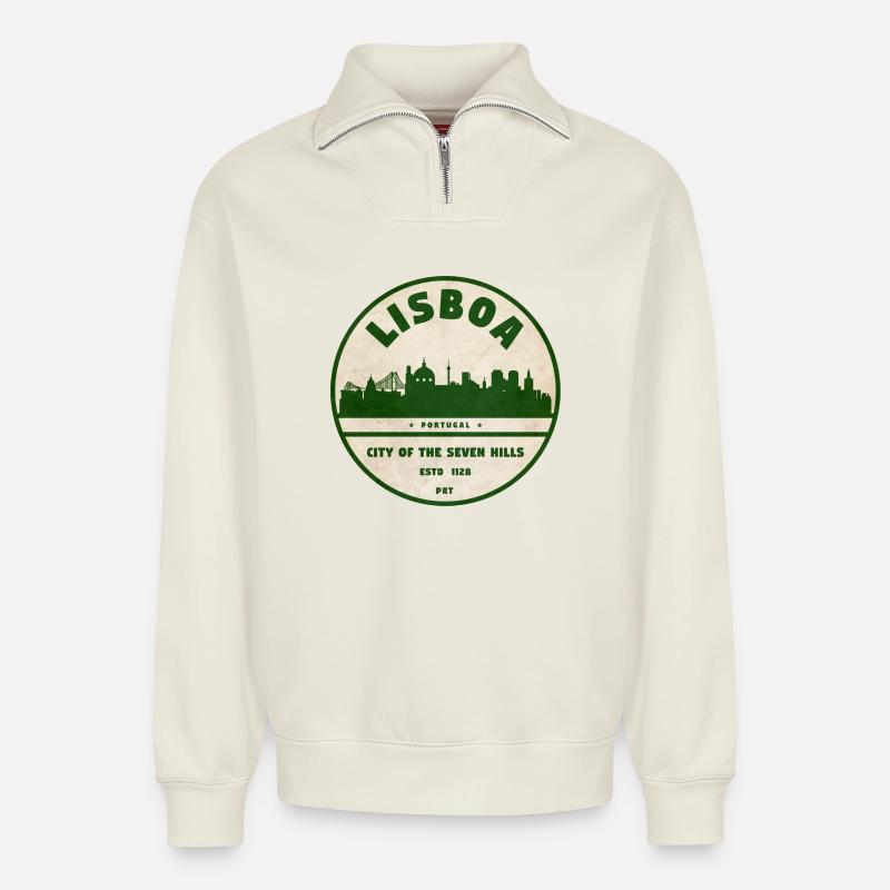 Lisboa Silhouette Stadtlogo - Relaxed Unisex Organic Half Zip Sweatshirt – von SPREAD - Naturweiß
