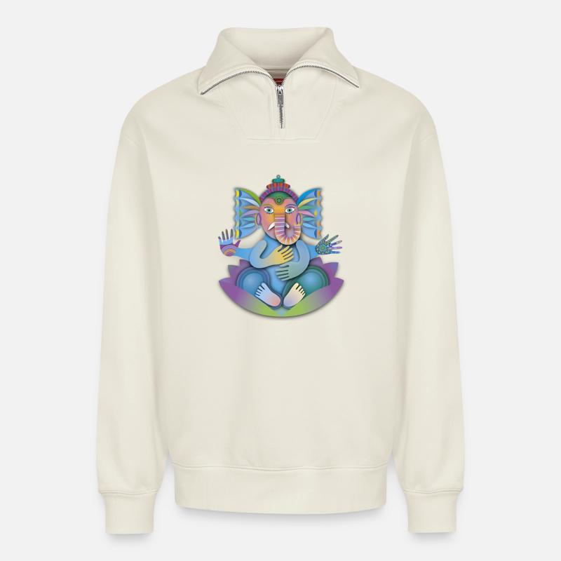 Glücksbringer Ganesha - Relaxed Unisex Organic Half Zip Sweatshirt – von SPREAD - Naturweiß