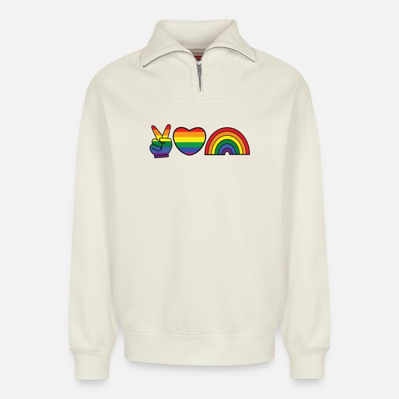 Rainbow Heart Equality Lgbt Homo - Sweat unisexe décontracté en coton biologique à demi-zip – de SPREAD - blanc cassé