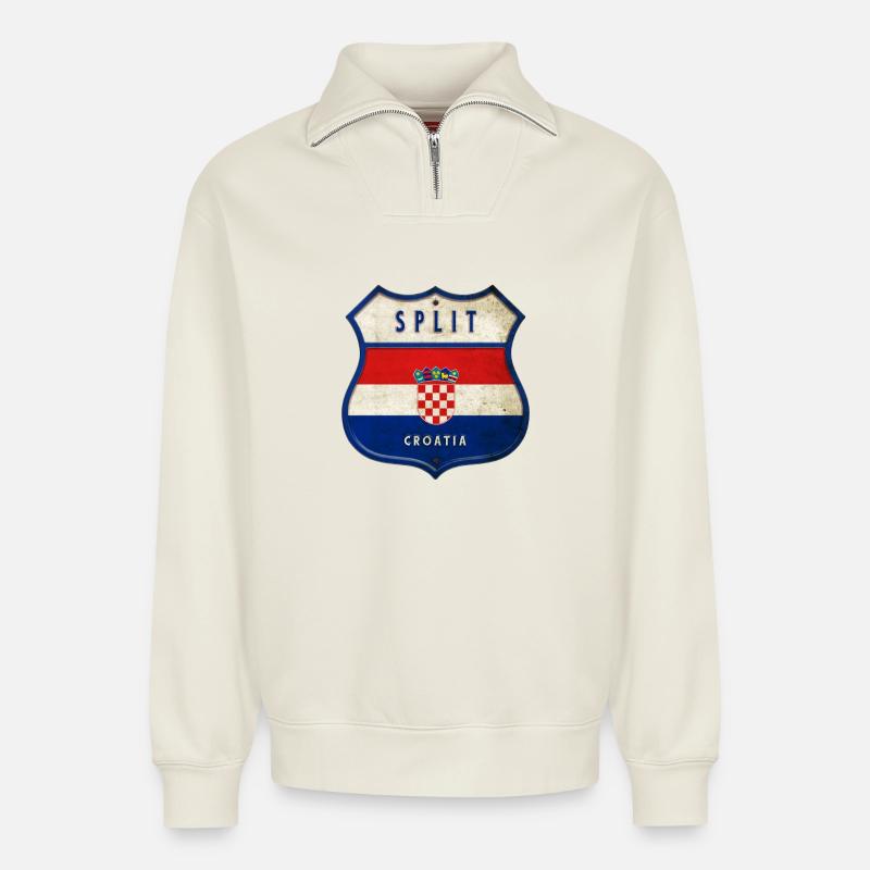 Split Kroatien Flaggen Wappen Design - Relaxed Unisex Organic Half Zip Sweatshirt – von SPREAD - Naturweiß
