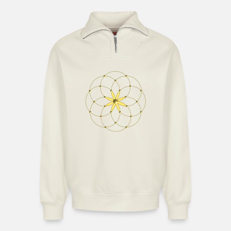 Goldenes Blütenmandala - Relaxed Unisex Organic Half Zip Sweatshirt – von SPREAD - Naturweiß