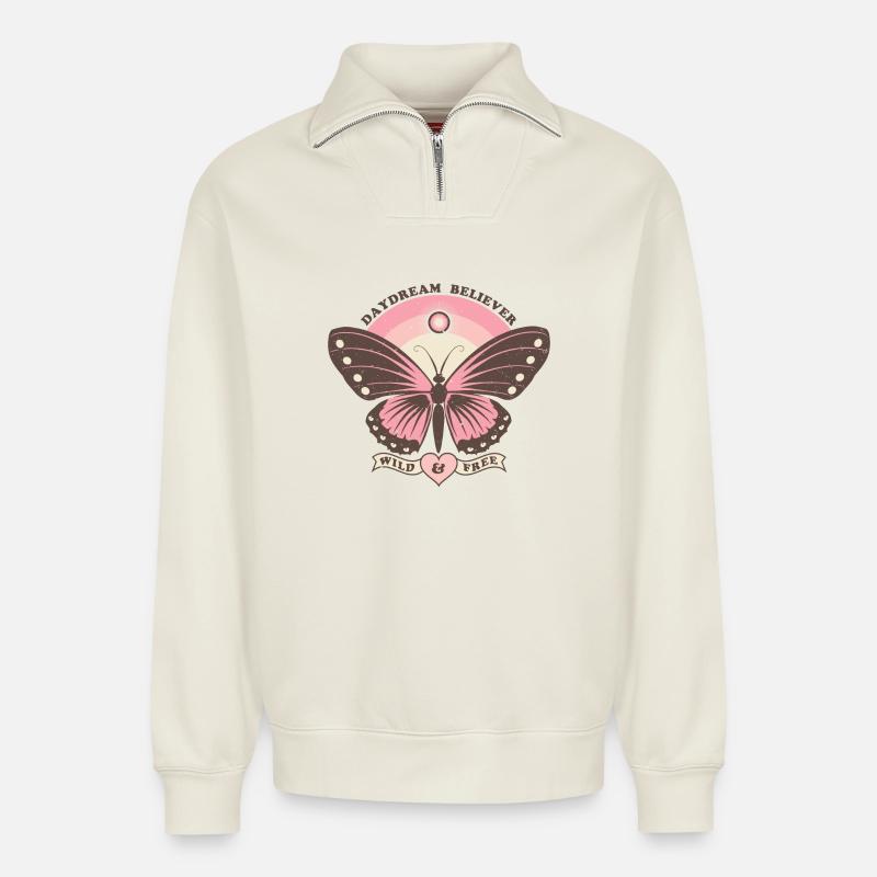 Boho Style Butterfly - Relaxed Unisex Organic Half Zip Sweatshirt – by SPREAD - off white