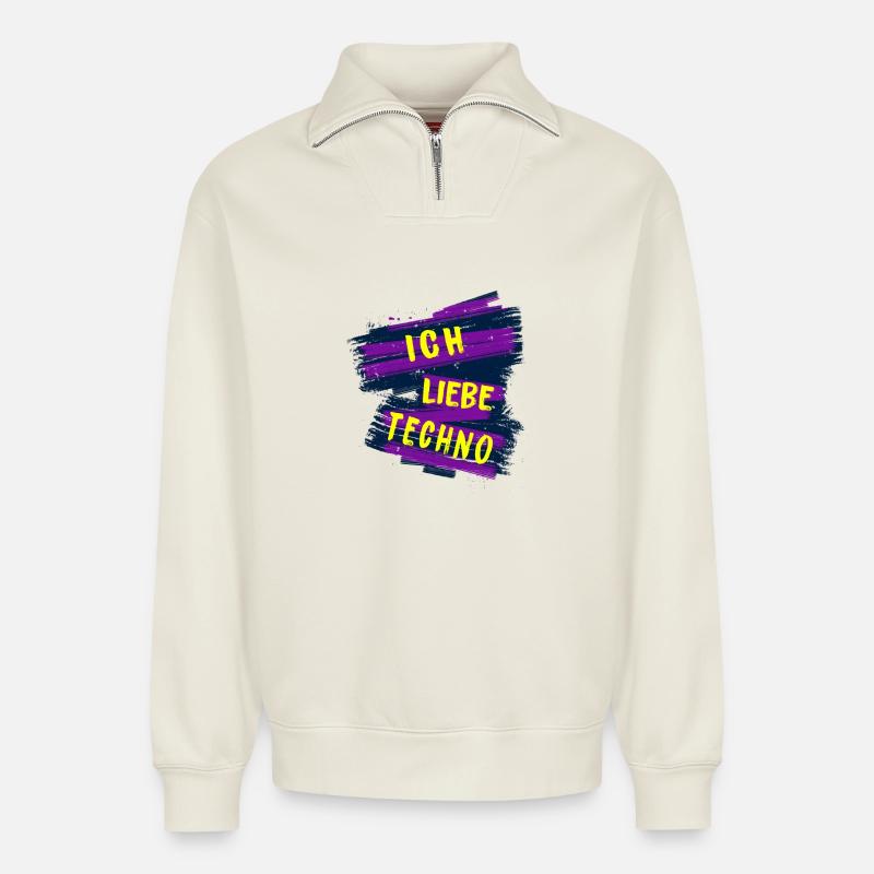Ich liebe Techno - Relaxed Unisex Organic Half Zip Sweatshirt – von SPREAD - Naturweiß
