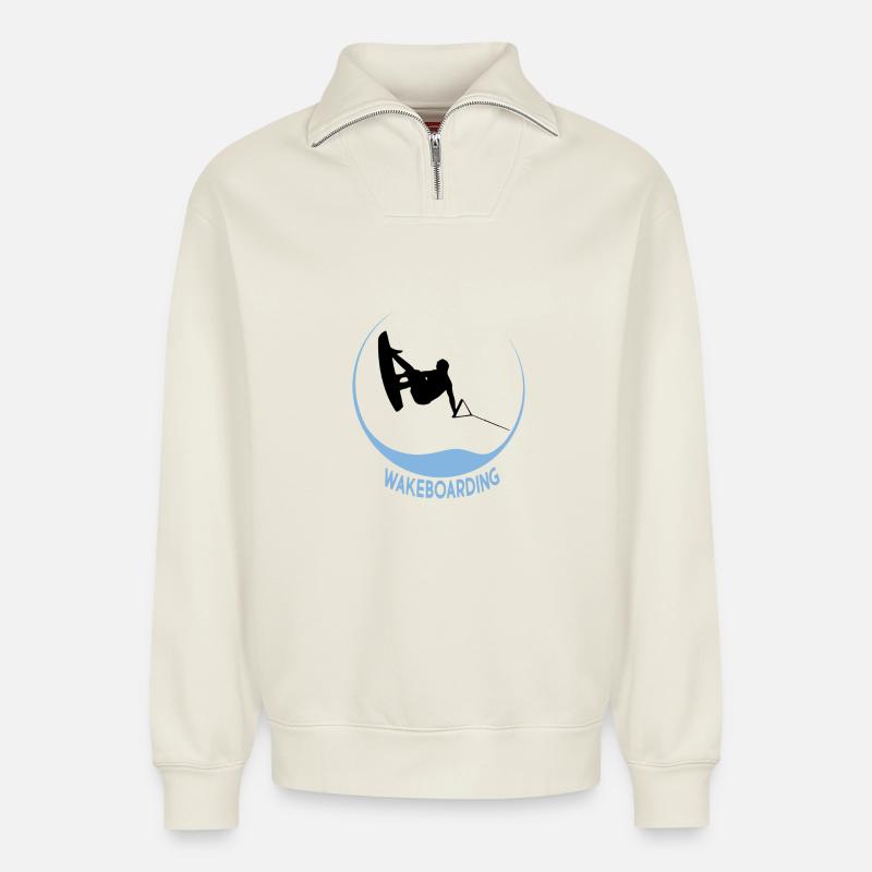 wakeboarding - Relaxed Unisex Organic Half Zip Sweatshirt – by SPREAD - off white