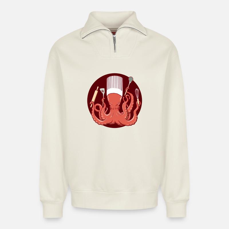 Octopus Chef de Cuisine - Relaxed Unisex Organic Half Zip Sweatshirt – von SPREAD - Naturweiß