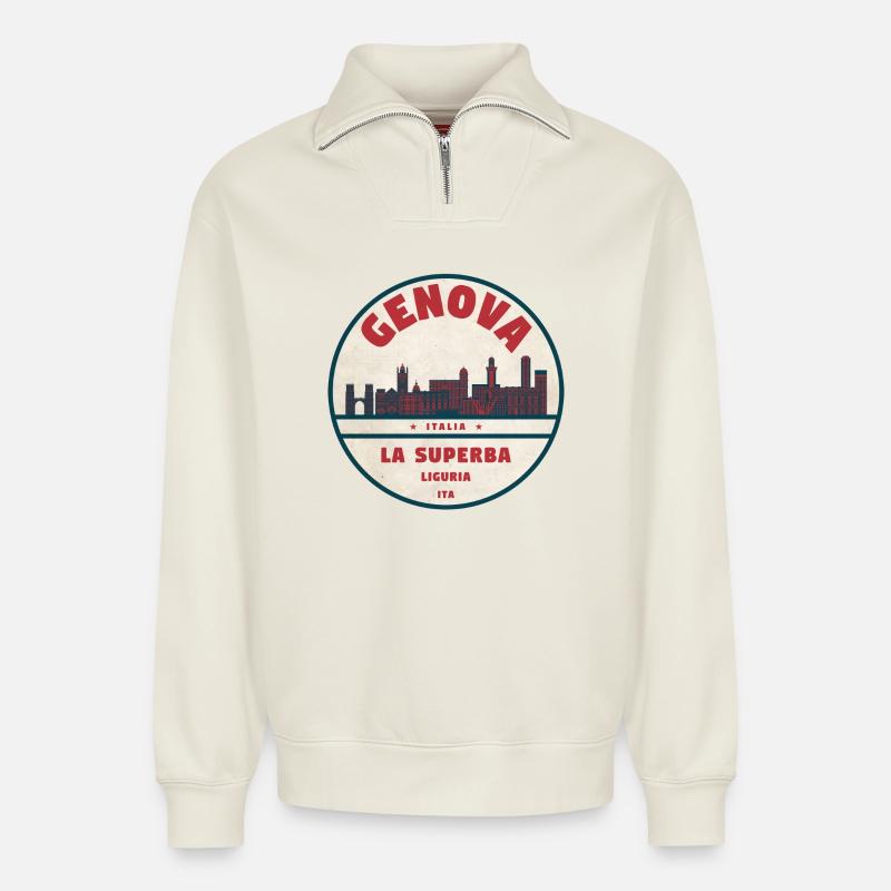 Genova Skyline Roundel - Relaxed Unisex Organic Half Zip Sweatshirt – von SPREAD - Naturweiß