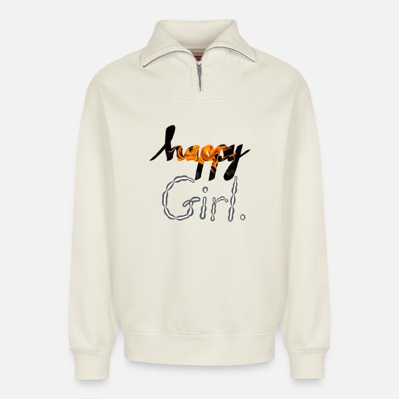 Glückliches Mädchen - Relaxed Unisex Organic Half Zip Sweatshirt – von SPREAD - Naturweiß
