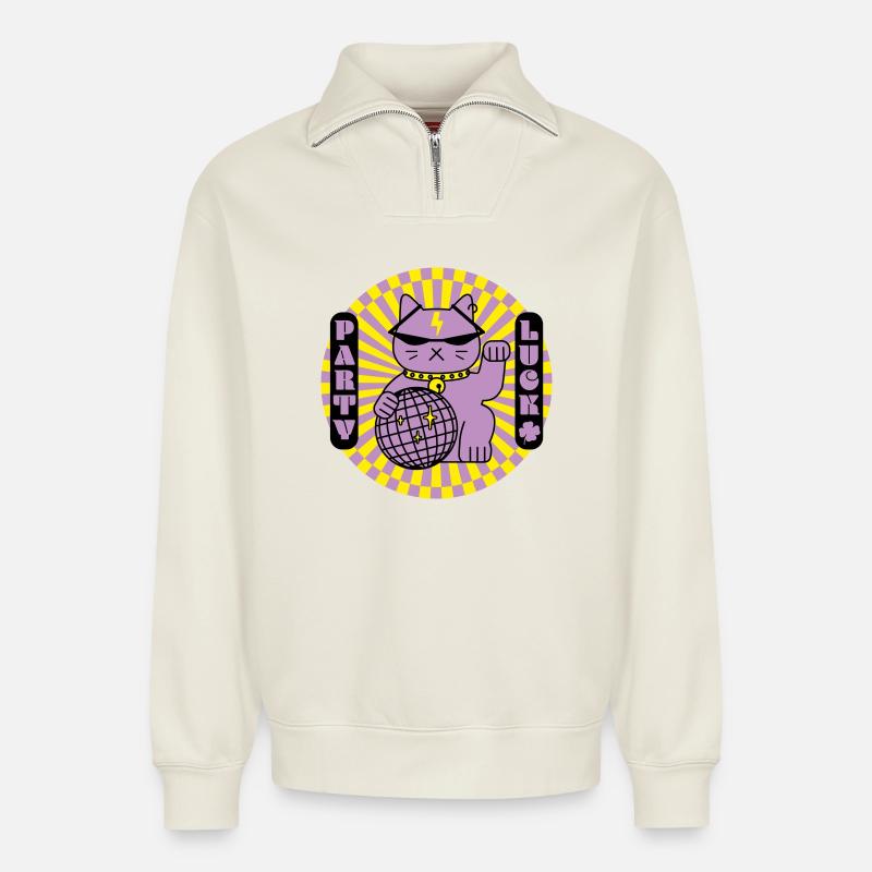 Party lucky cat - Relaxed Unisex Organic Half Zip Sweatshirt – by SPREAD - off white
