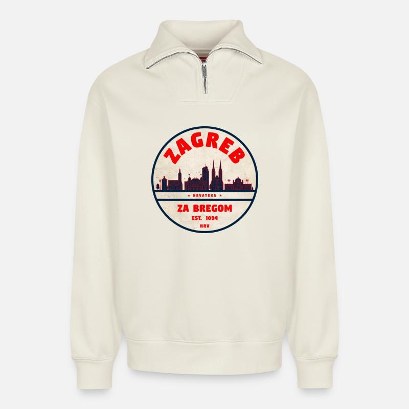 Emblème de Zagreb : Retro Skyline - Sweat unisexe décontracté en coton biologique à demi-zip – de SPREAD - blanc cassé