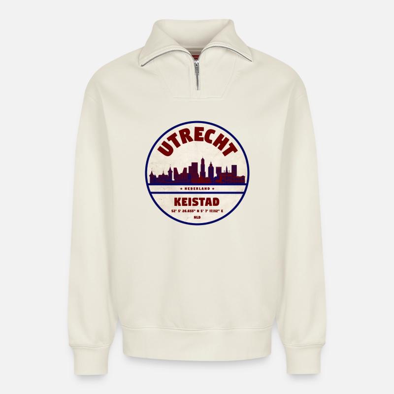 Utrecht Keistad Skyline Emblem - Relaxed Unisex Organic Half Zip Sweatshirt – von SPREAD - Naturweiß