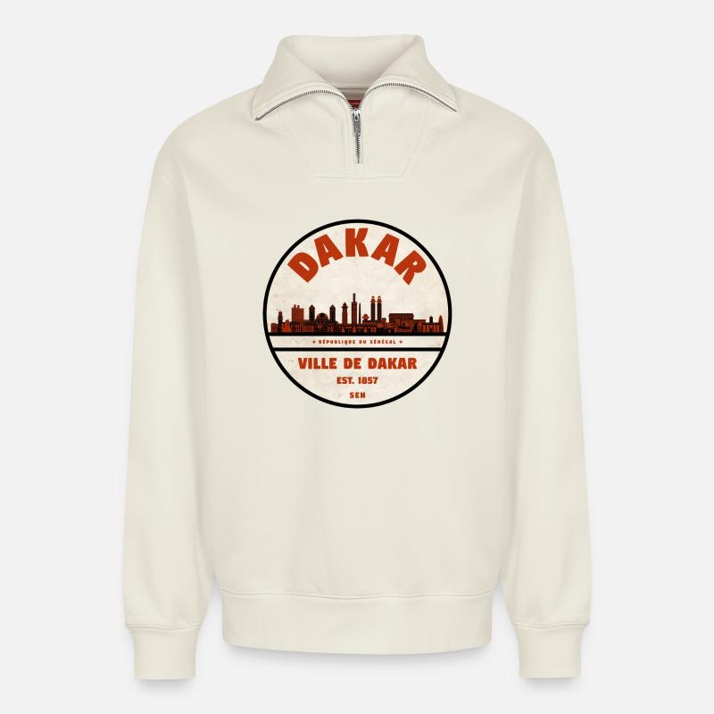 Dakar Skyline Retro-Emblem - Relaxed Unisex Organic Half Zip Sweatshirt – von SPREAD - Naturweiß