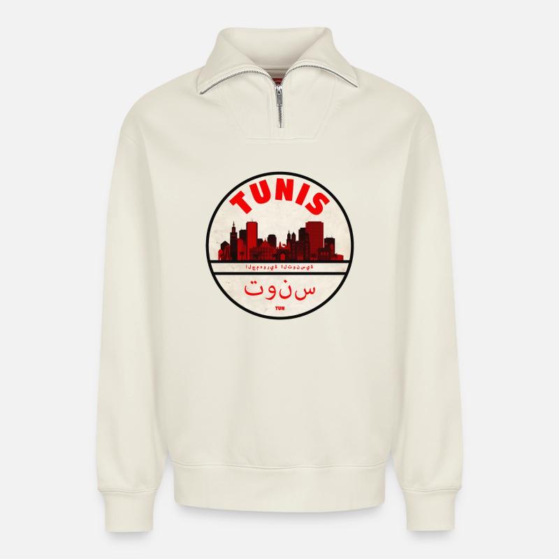 Tunis Skyline Red Silhouette - Relaxed Unisex Organic Half Zip Sweatshirt – von SPREAD - Naturweiß