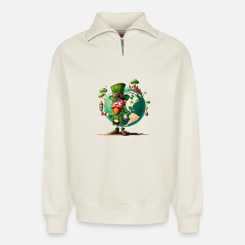 Weltglücks-Leprechaun - Relaxed Unisex Organic Half Zip Sweatshirt – von SPREAD - Naturweiß