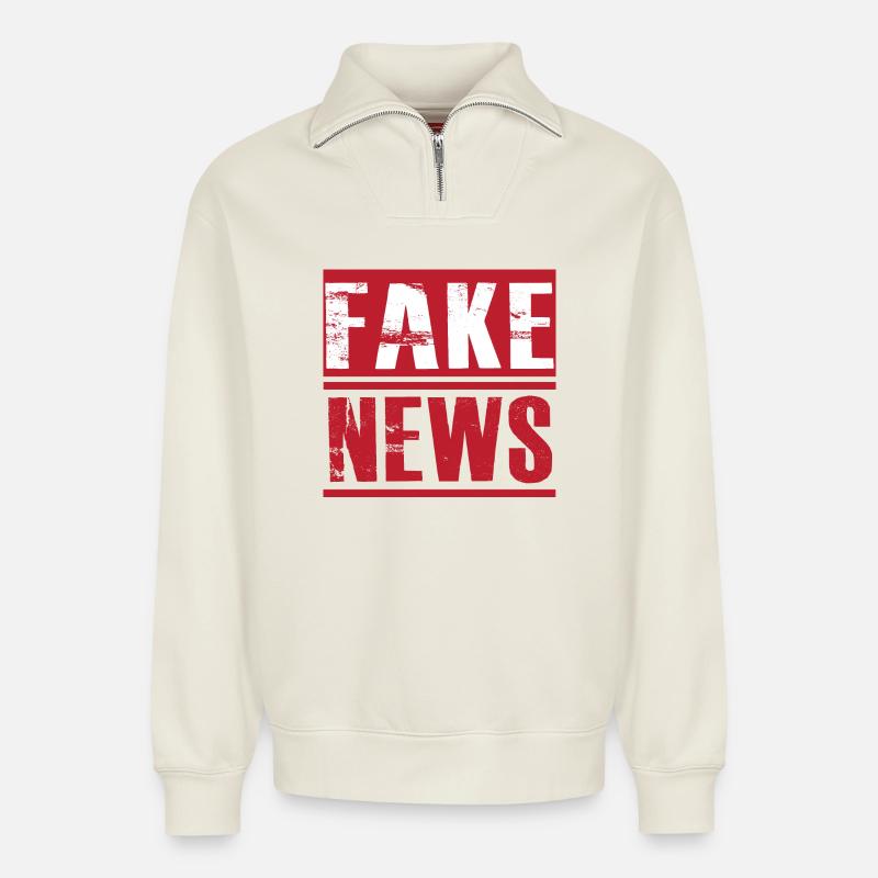 Fausses nouvelles - Sweat unisexe décontracté en coton biologique à demi-zip – de SPREAD - blanc cassé