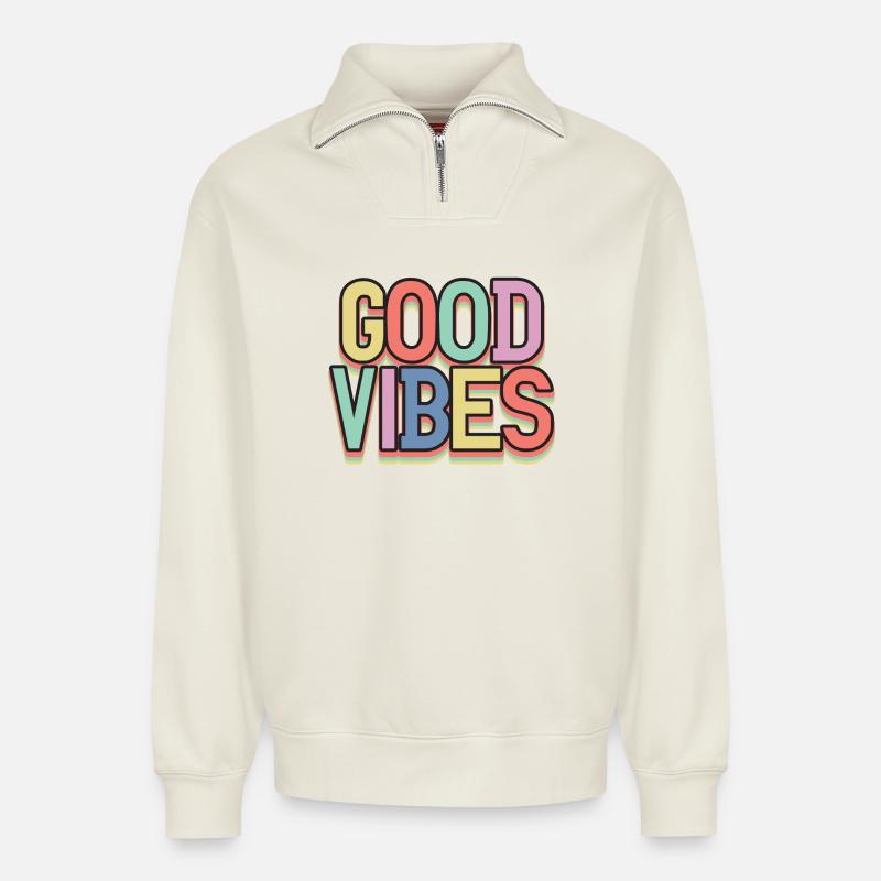 Gute Vibes Pastell Retro - Relaxed Unisex Organic Half Zip Sweatshirt – von SPREAD - Naturweiß