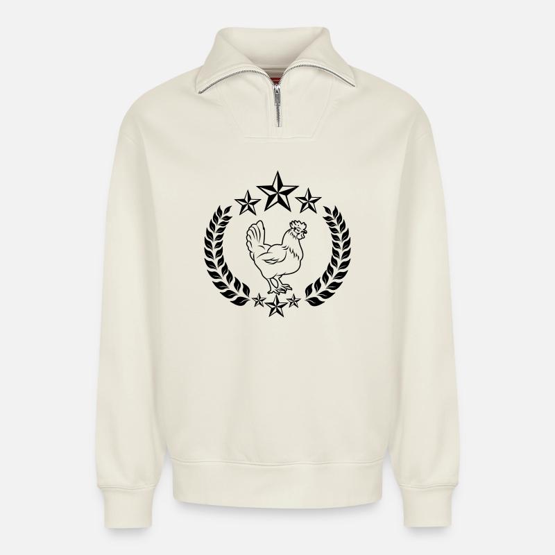 Poulet blanc avec étoiles - Sweat unisexe décontracté en coton biologique à demi-zip – de SPREAD - blanc cassé