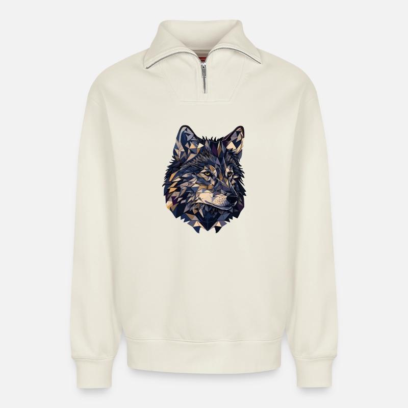 Stylized, geometric wolf - Relaxed Unisex Organic Half Zip Sweatshirt – by SPREAD - off white