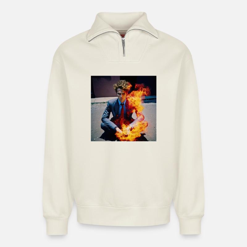 Der Brennende Mann 01 - Relaxed Unisex Organic Half Zip Sweatshirt – von SPREAD - Naturweiß
