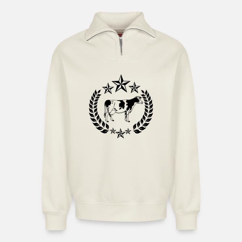 Vache trois étoiles - Sweat unisexe décontracté en coton biologique à demi-zip – de SPREAD - blanc cassé