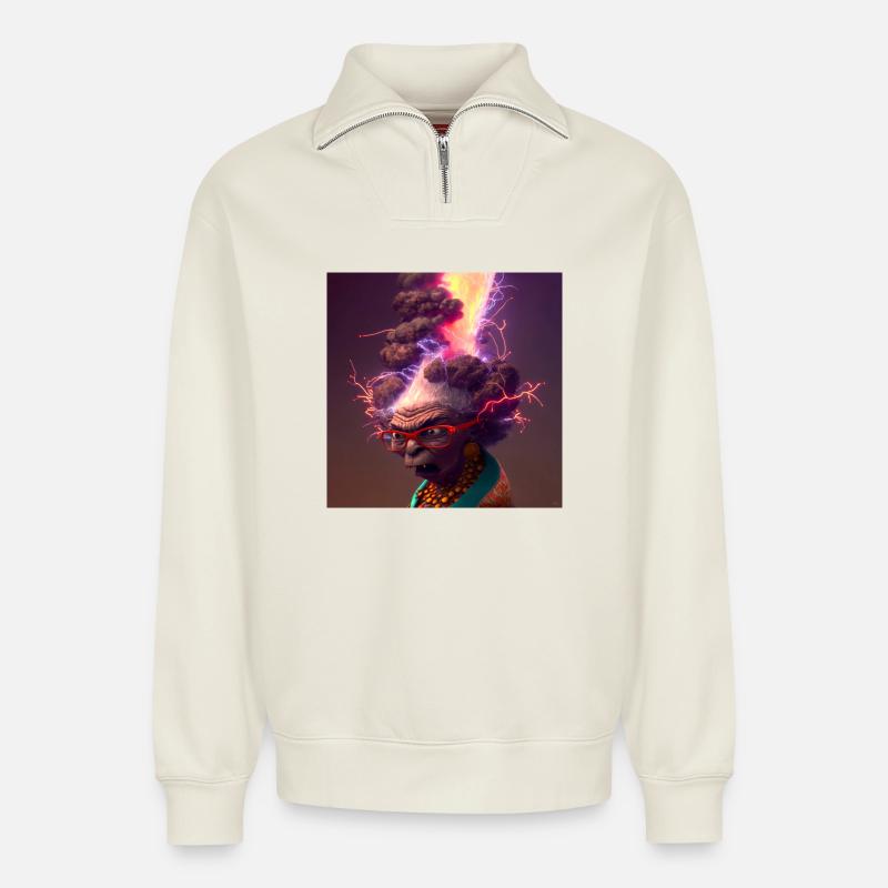 elektrik-Porträt 13 – Neonvulkanische Großmutter - Relaxed Unisex Organic Half Zip Sweatshirt – von SPREAD - Naturweiß